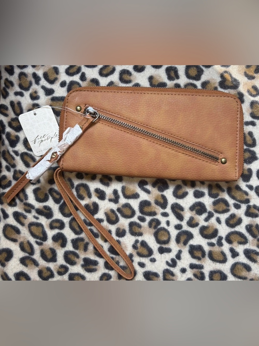 Free People Vegan Leather Wallet Distressed Brown Zip Around Wristlet Clutch NWT